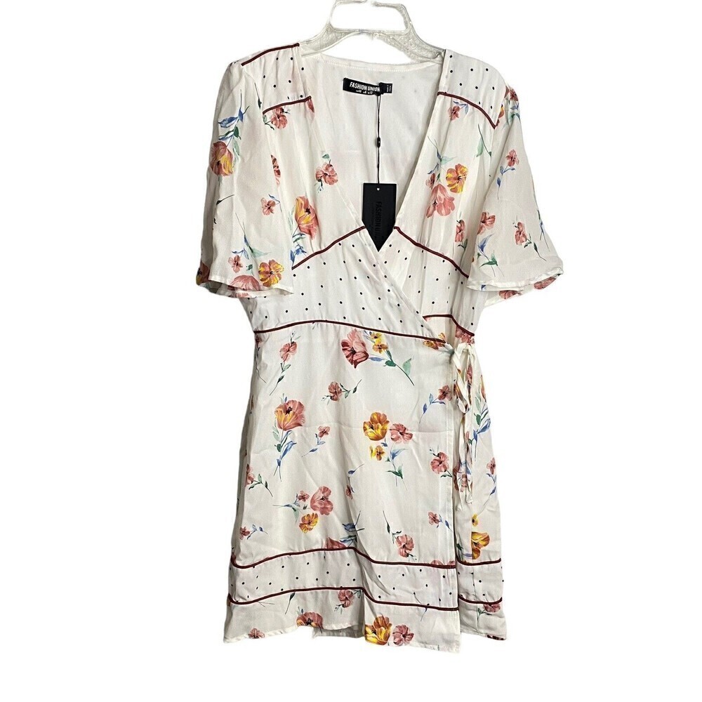 ASOS Fashion Union Wrap  Dress White Pink Floral Polka‎ Dot NWT Sz US 8 UK 12
